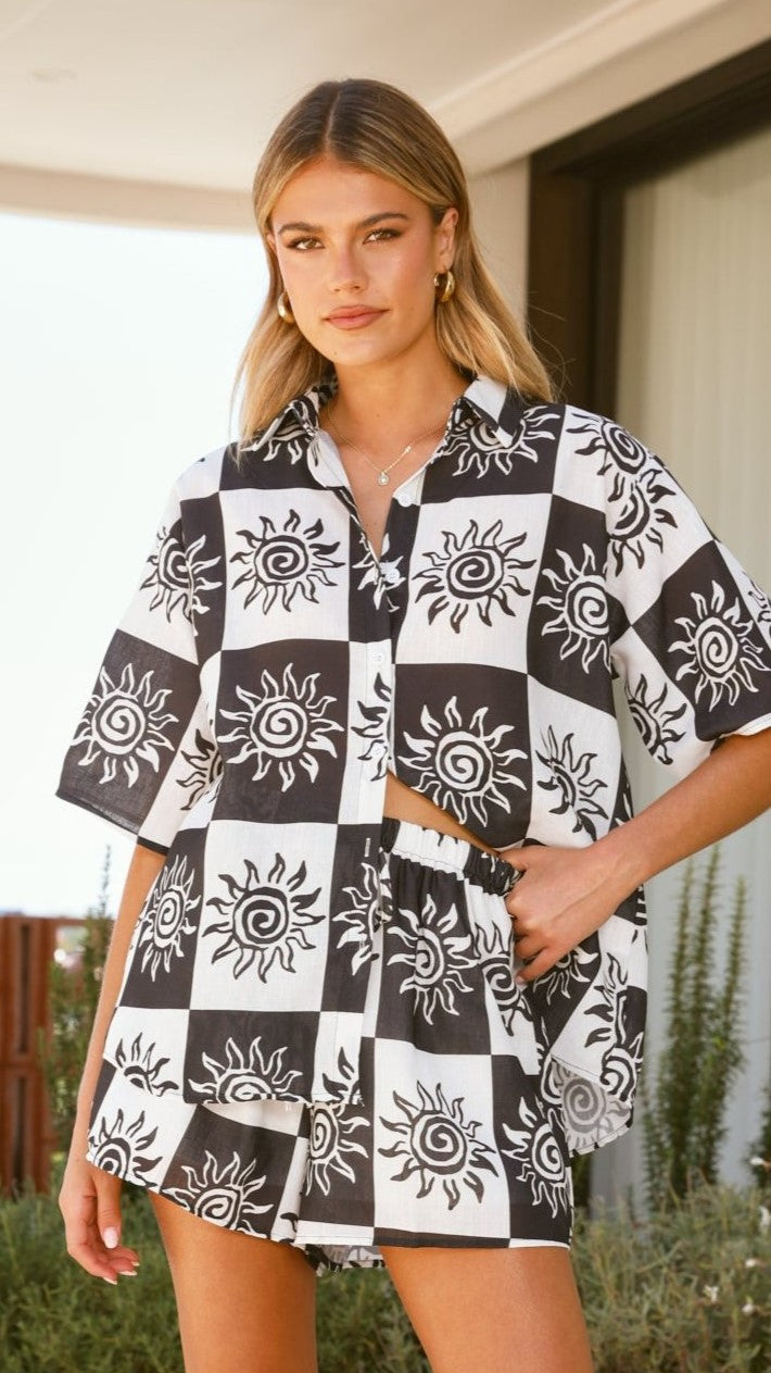 Myra Button Up Shirt and Shorts Set - Black/White - Billy J