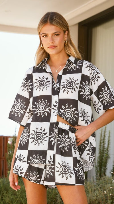 Load image into Gallery viewer, Myra Button Up Shirt and Shorts Set - Black/White - Billy J
