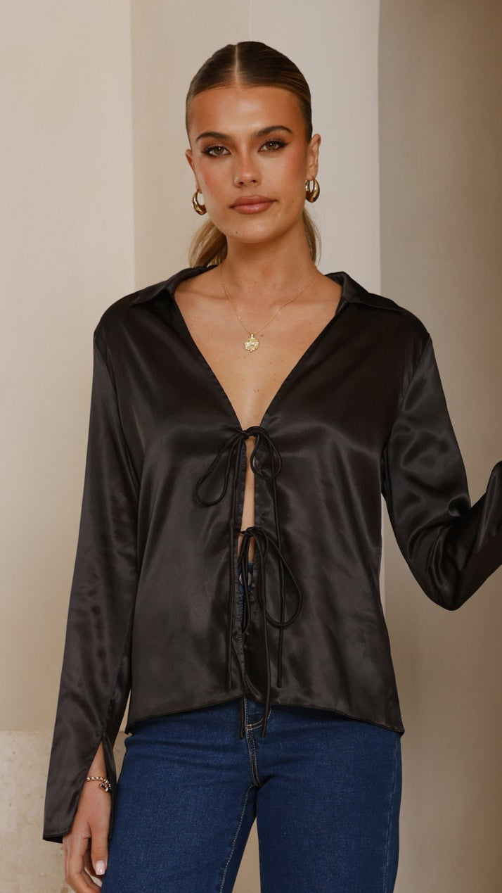 Darielle Tie Front Long Sleeve Top - Black - Billy J