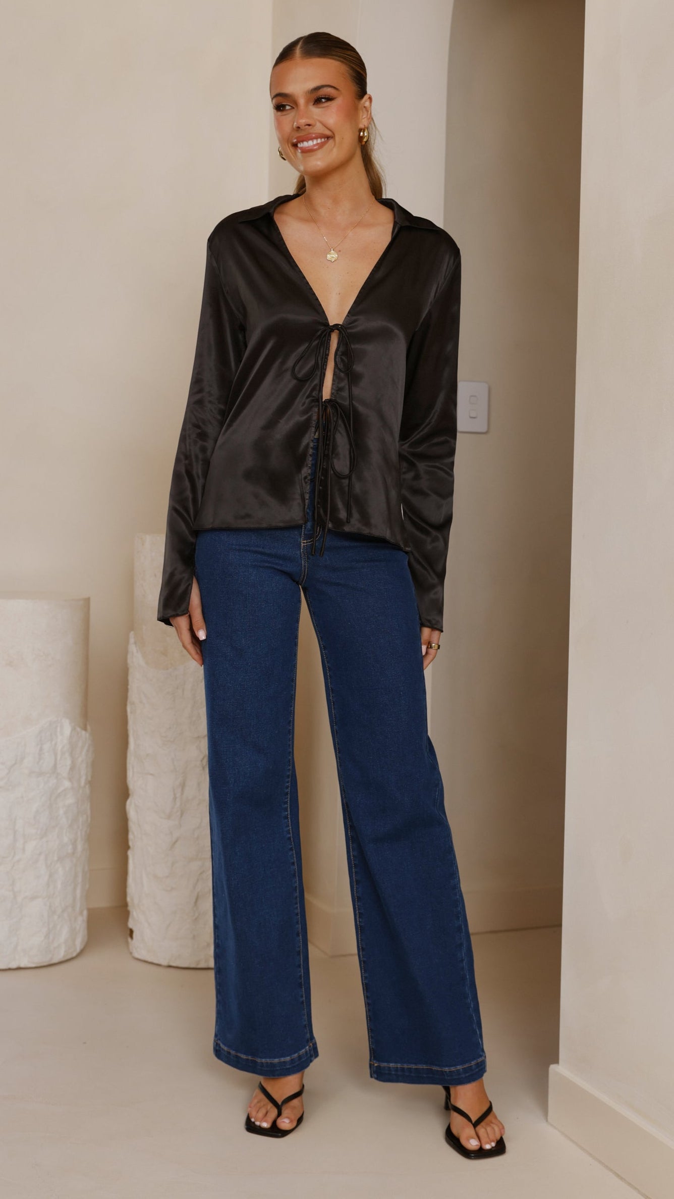 Darielle Tie Front Long Sleeve Top - Black - Billy J