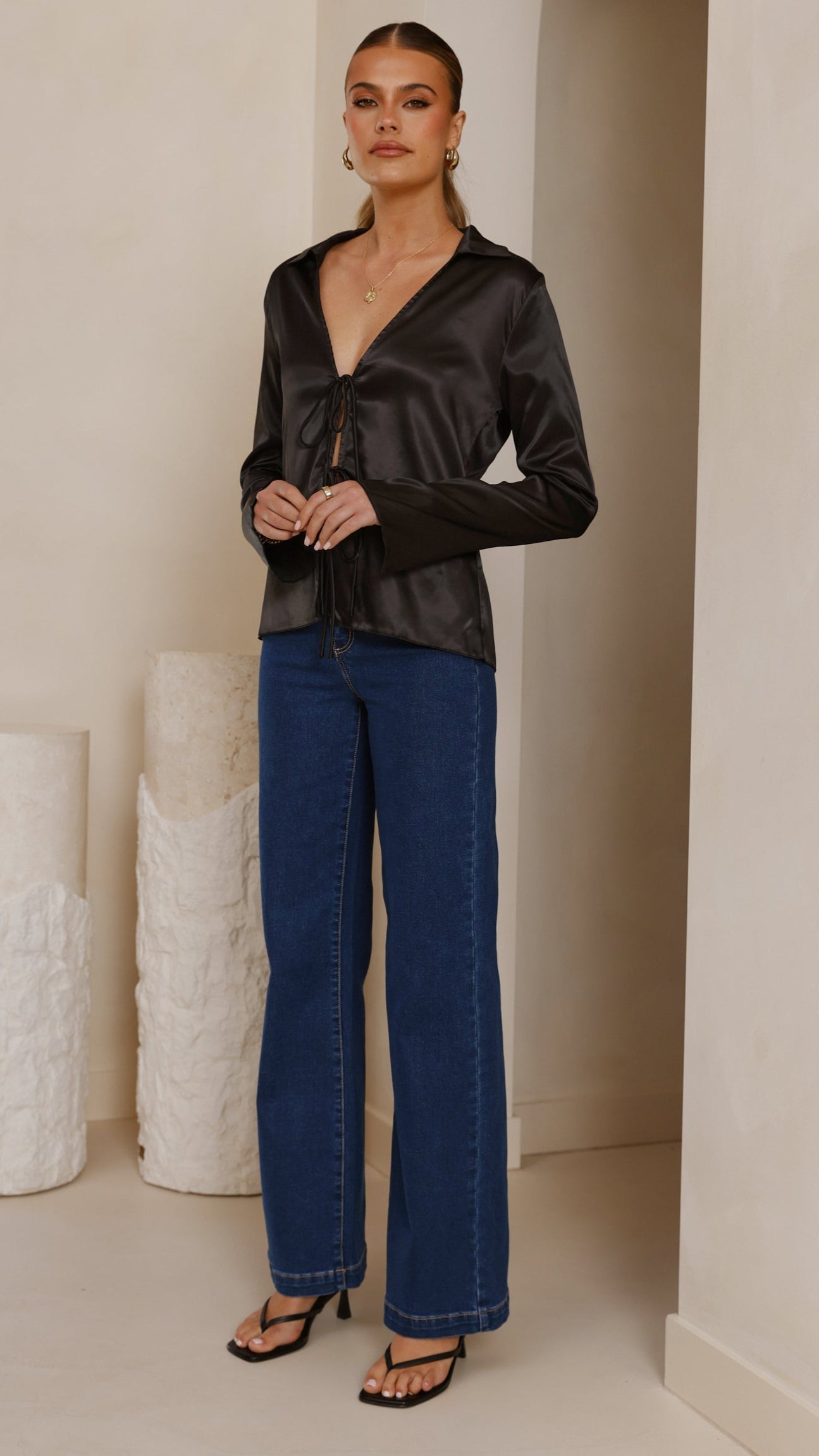 Darielle Tie Front Long Sleeve Top - Black - Billy J
