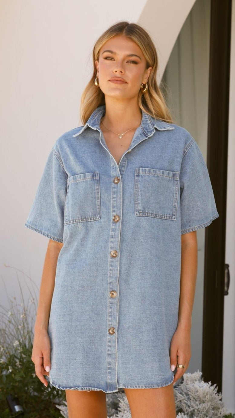 Chaney Button Up Mini Dress - Medium Denim - Billy J