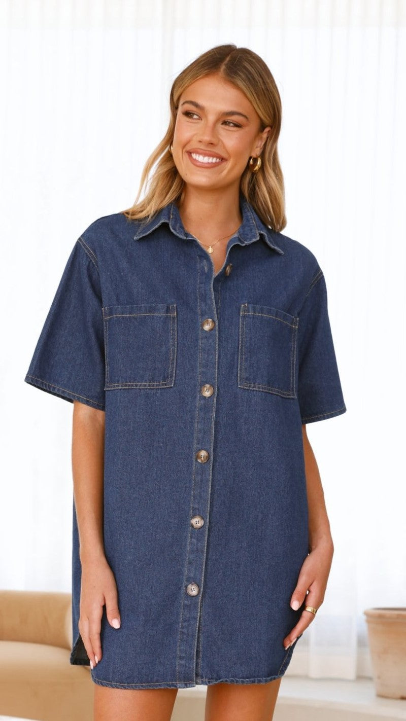 Chaney Button Up Mini Dress - Dark Denim - Billy J