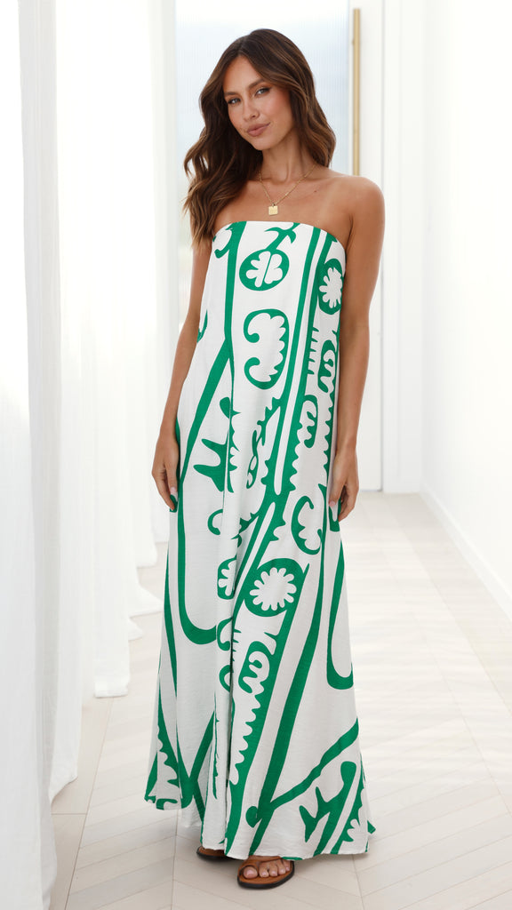 Connie Maxi Dress - White / Green Tribal