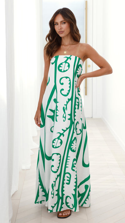 Load image into Gallery viewer, Connie Maxi Dress - White / Green Tribal
