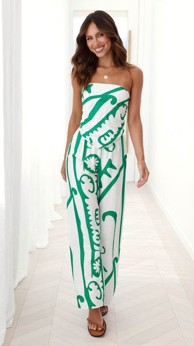 Load image into Gallery viewer, Harley Scarf Top and Pants Set - White / Green Tribal
