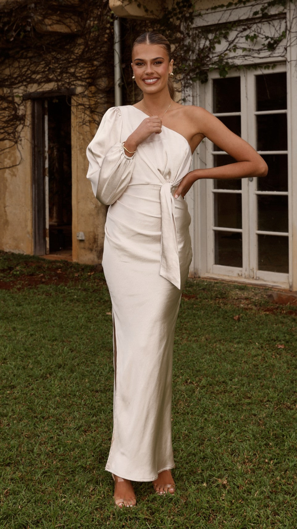 billy j one shoulder maxi dress Eden One Shoulder Tie Front Maxi Dress - Champagne - Buy Women's Dresses