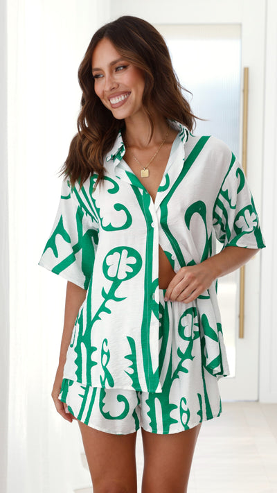 Load image into Gallery viewer, Charli Button Up Shirt and Shorts Set - White / Green Tribal
