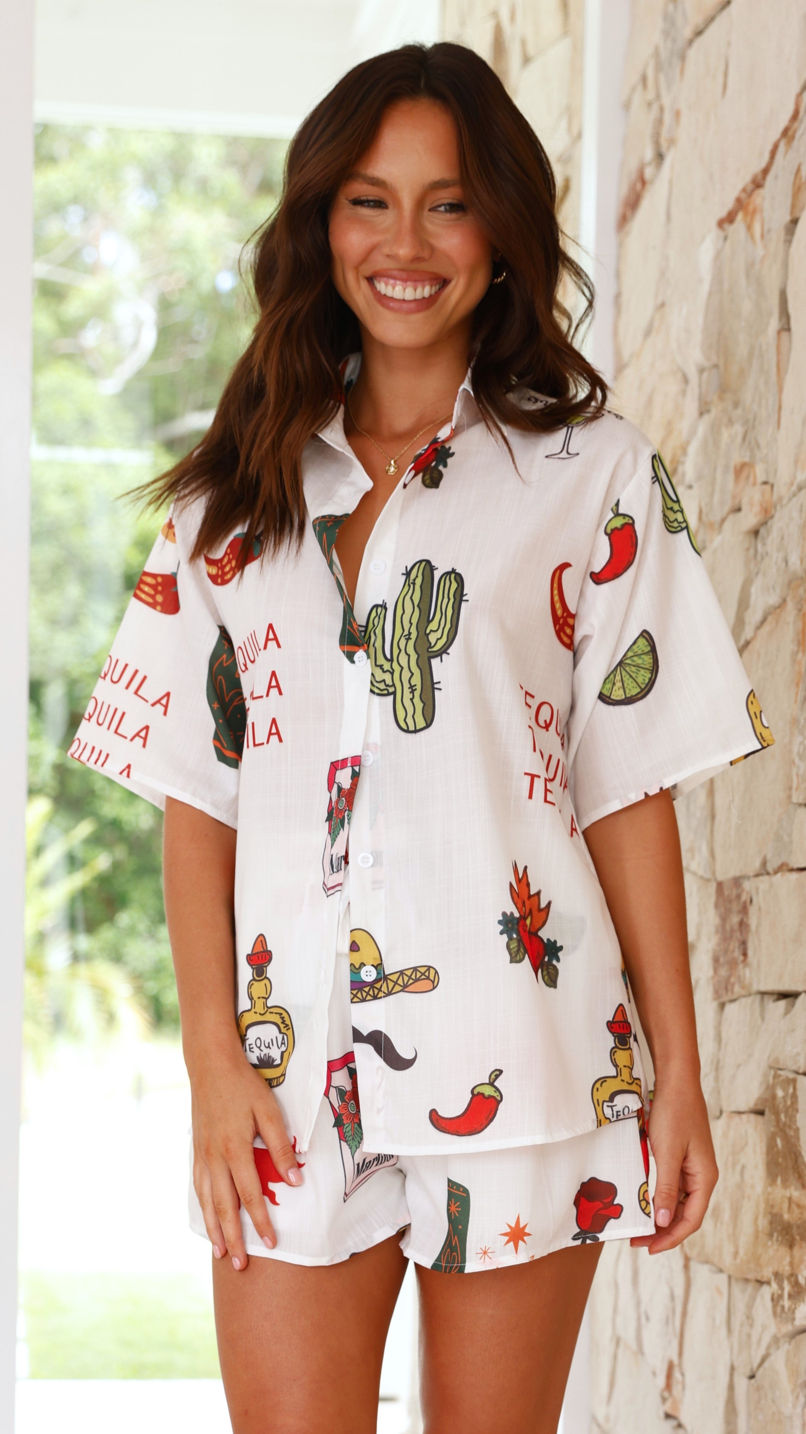 Charli Button Up Shirt and Short Set - White Cactus Print