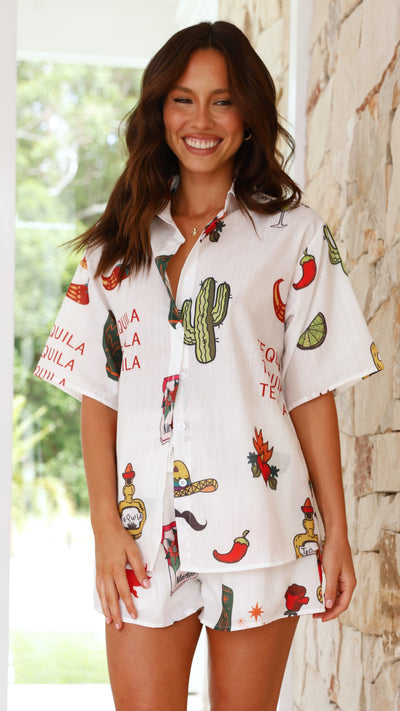 Load image into Gallery viewer, Charli Button Up Shirt and Short Set - White Cactus Print
