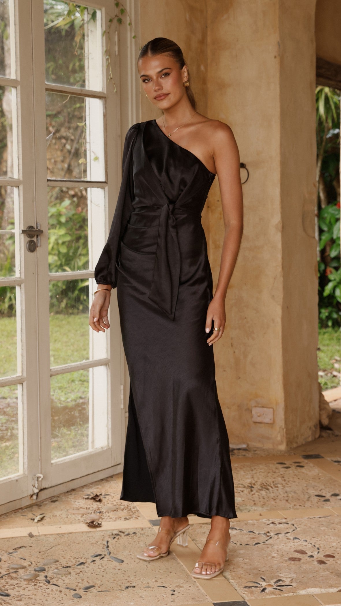 Eden One Shoulder Tie Front Maxi Dress - Black - Billy J
