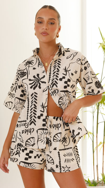 Load image into Gallery viewer, Charli Button Up Shirt and Shorts - Black/Cream Print
