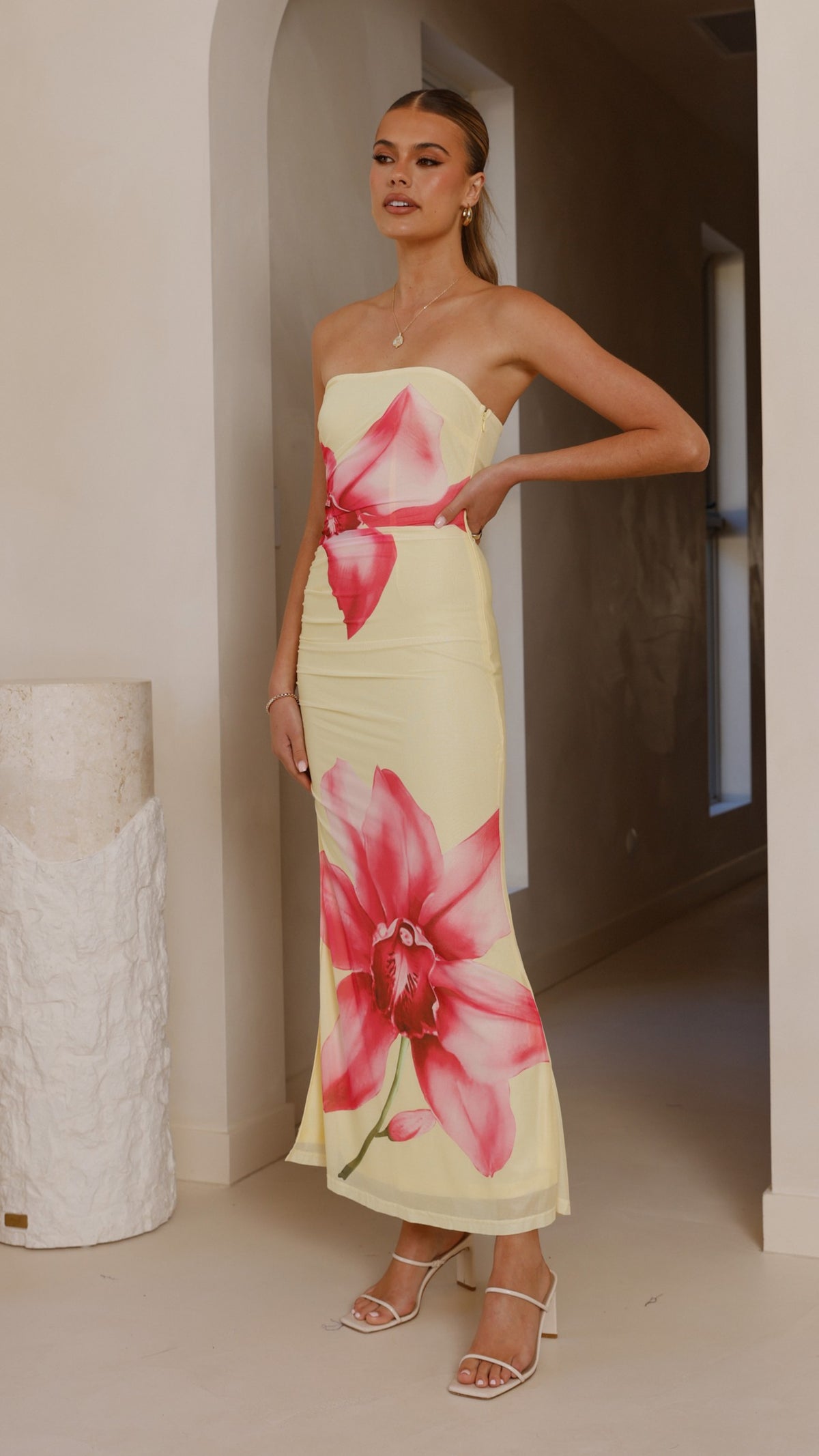 Brittani Strapless Maxi Dress - Yellow/Pink - Billy J