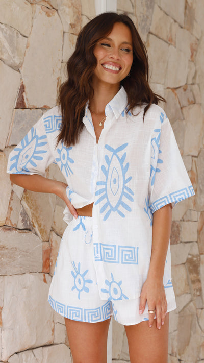 Load image into Gallery viewer, Charli Button Up Shirt and Shorts Set - White / Blue Aztec Eye
