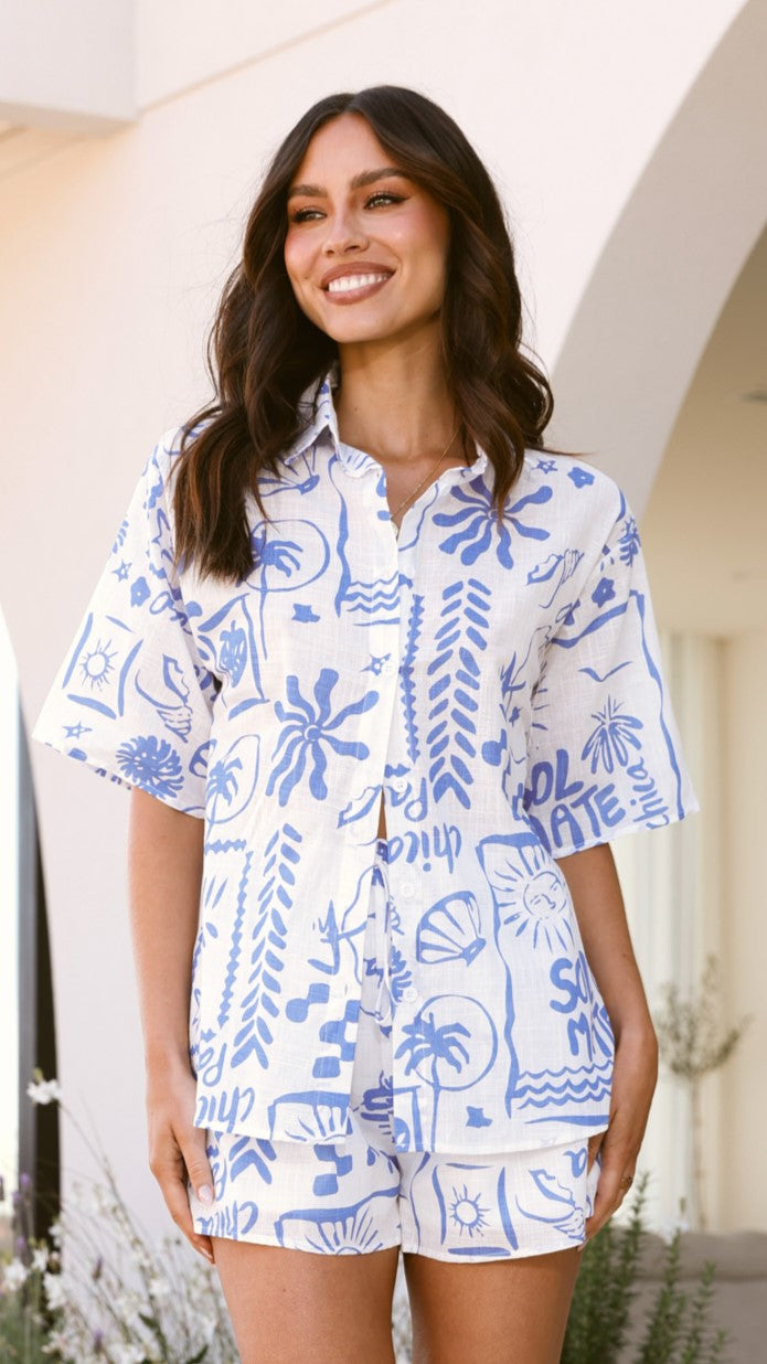 Charli Button Up Shirt and Short Set - White/Blue Santorini Print - Billy J