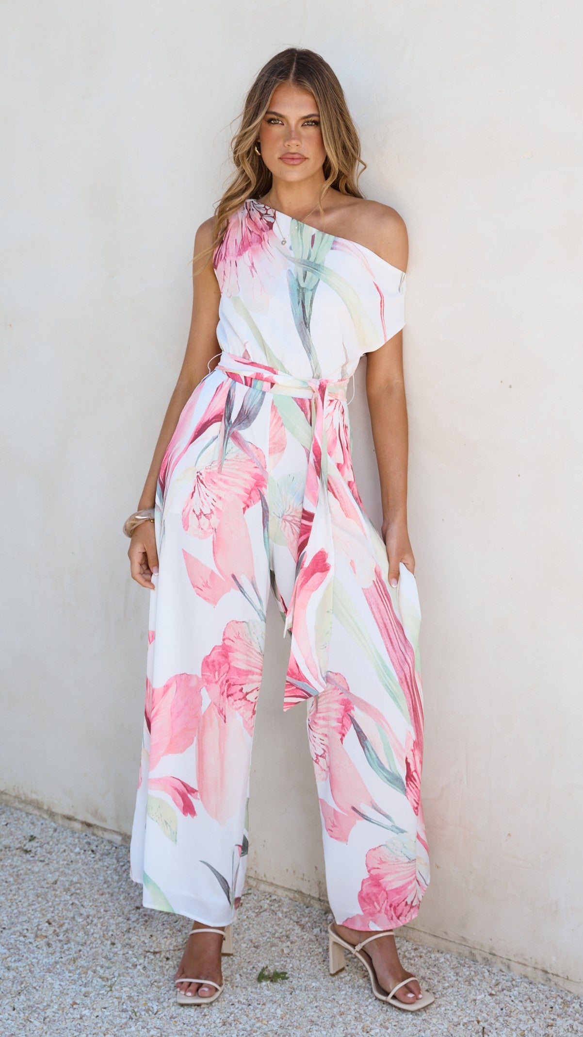 Oasis One Shoulder Jumpsuit - Pink Floral - Billy J