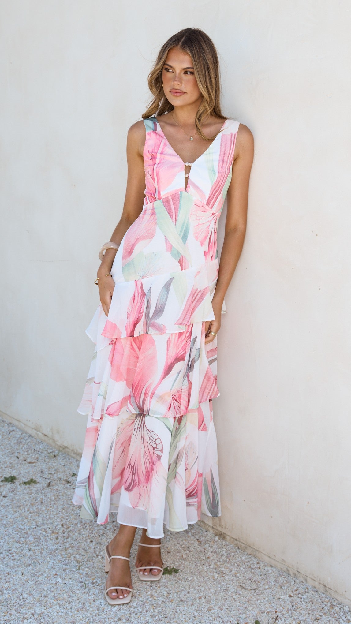 Reina Tiered Maxi Dress - Pink Floral - Billy J