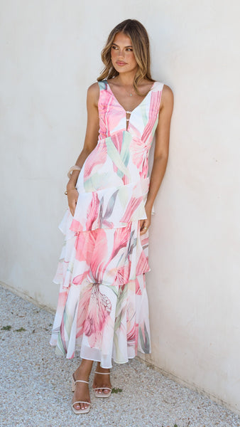 reina tiered mesh floral maxi dress Reina Tiered Maxi Dress - Pink Floral - Buy Women's Dresses