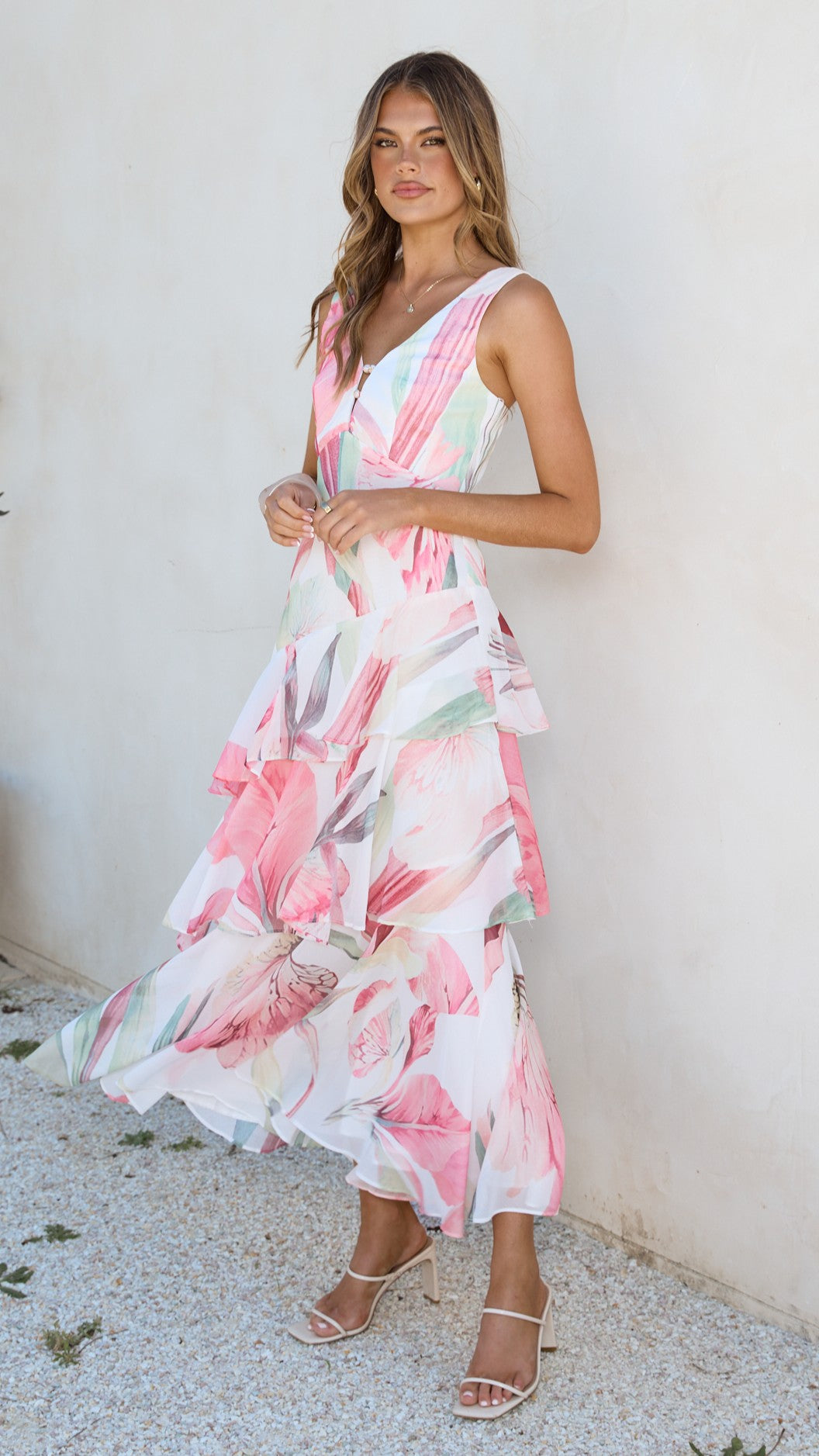 Reina Tiered Maxi Dress - Pink Floral - Billy J