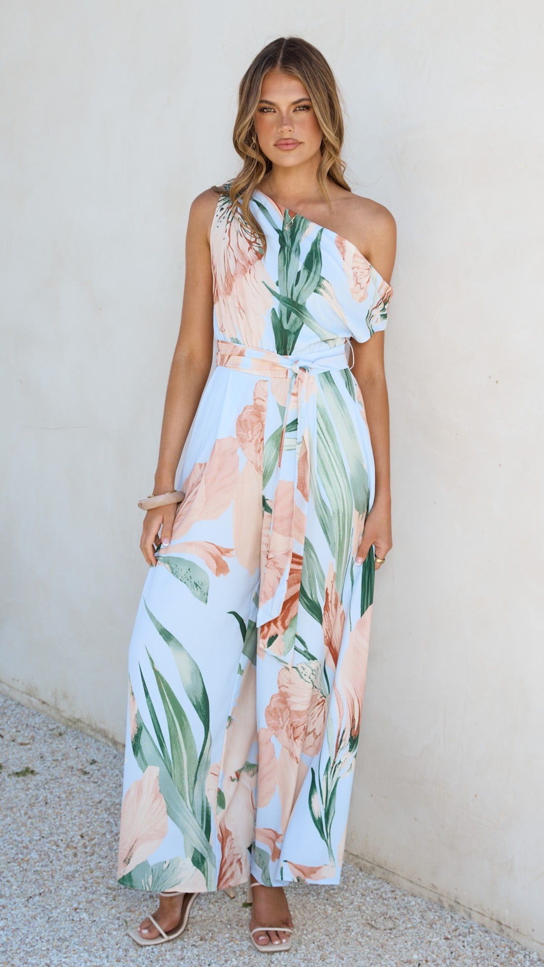 Oasis One Shoulder Jumpsuit - Blue/Peach Floral - Billy J