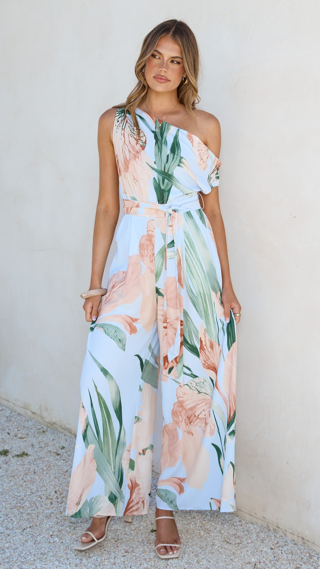 Oasis One Shoulder Jumpsuit - Blue/Peach Floral - Billy J