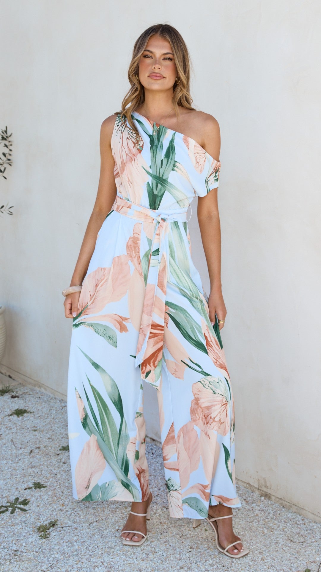Oasis One Shoulder Jumpsuit - Blue/Peach Floral - Billy J