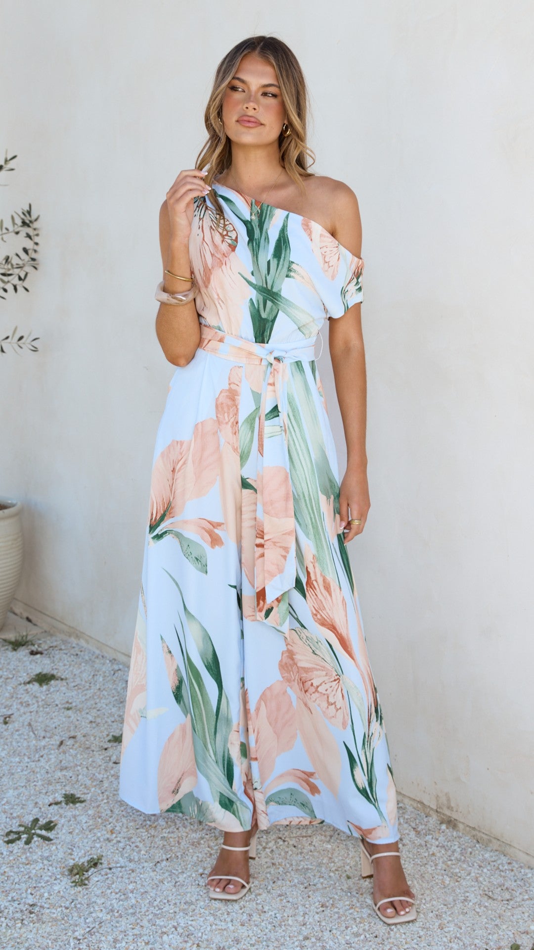 Oasis One Shoulder Jumpsuit - Blue/Peach Floral - Billy J