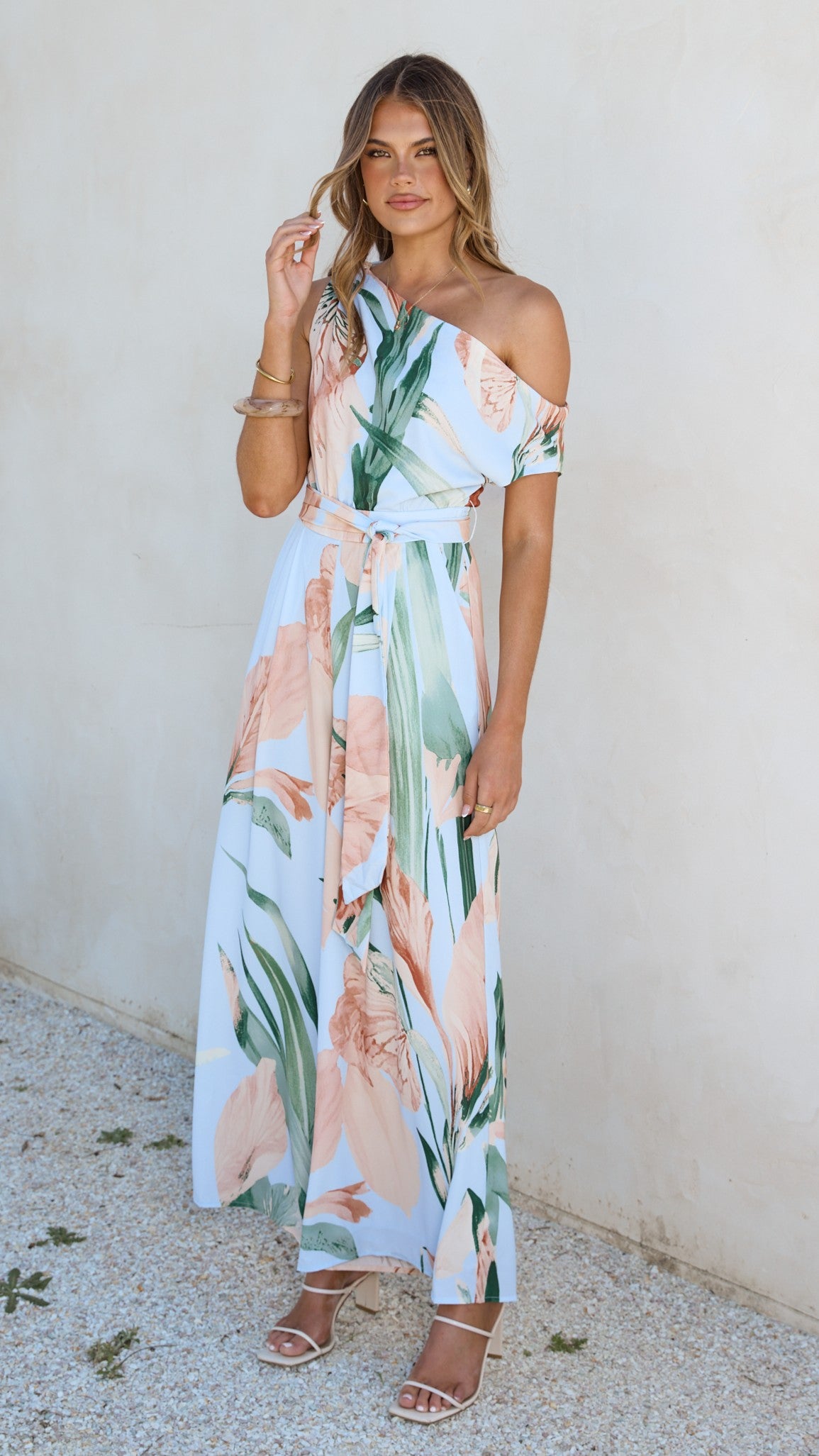 Oasis One Shoulder Jumpsuit - Blue/Peach Floral - Billy J