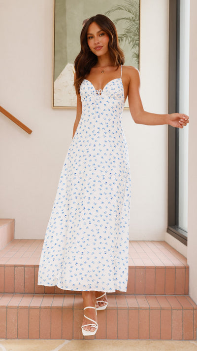 Load image into Gallery viewer, Coco Maxi Dress - White/ Blue Floral - Billy J
