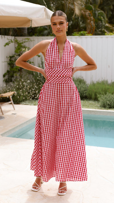 Load image into Gallery viewer, Brydie Halter Maxi Dress - Gingham Red - Billy J
