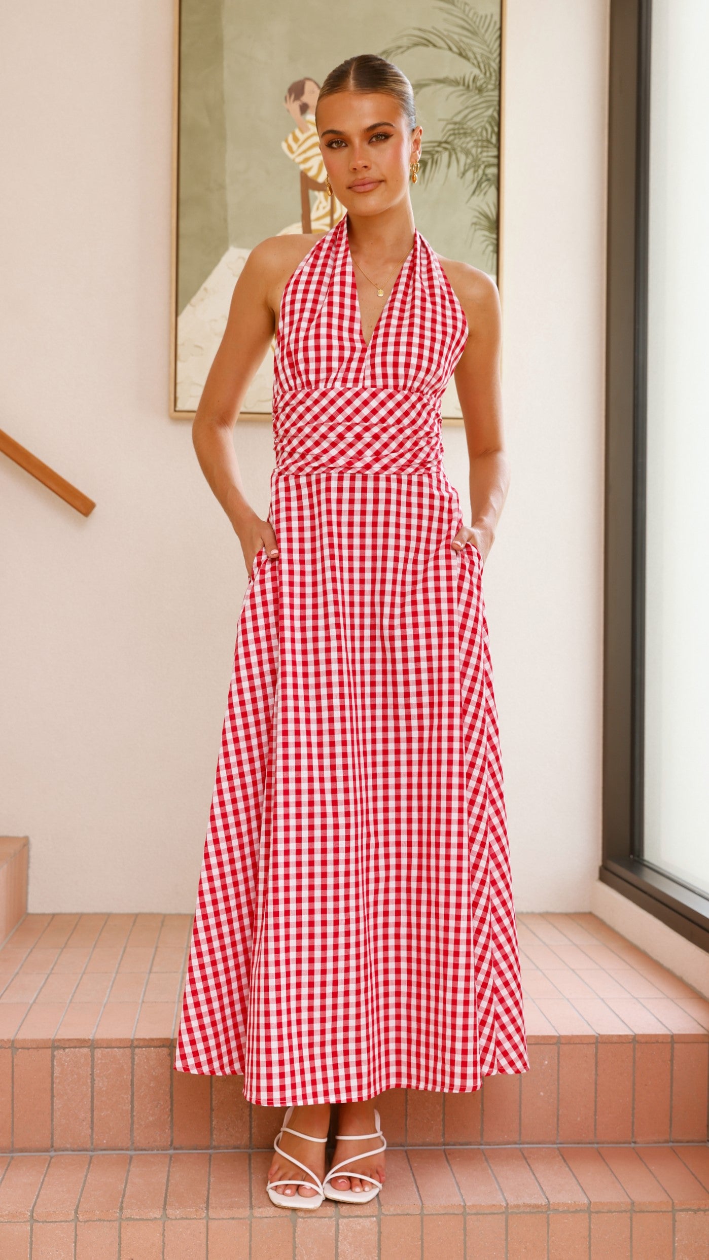 Brydie Halter Maxi Dress - Gingham Red - Billy J