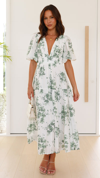Load image into Gallery viewer, Erin Midi Dress - Green/White Floral - Billy J
