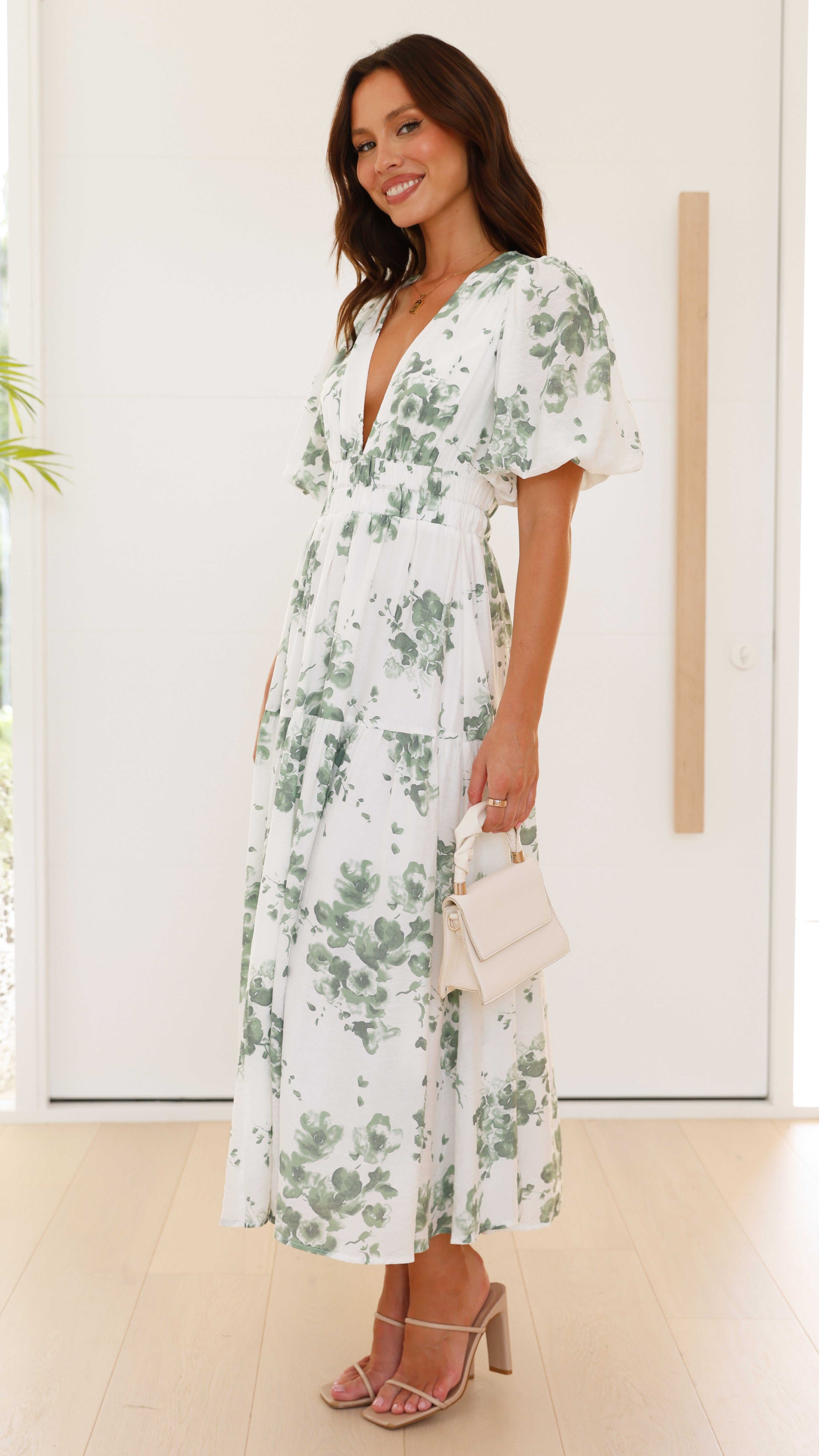 Erin Midi Dress - Green/White Floral