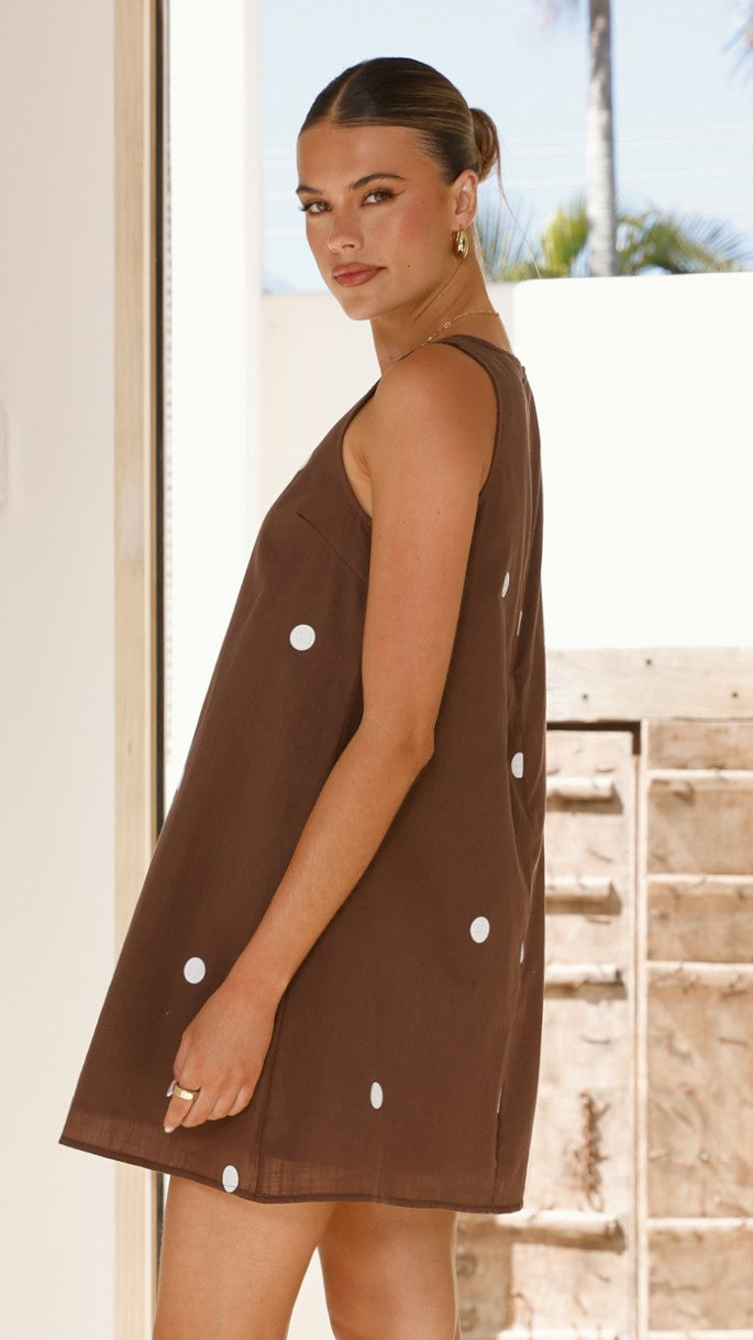 Natala Shift Mini Dress - Chocolate / White Polka Dot - Billy J