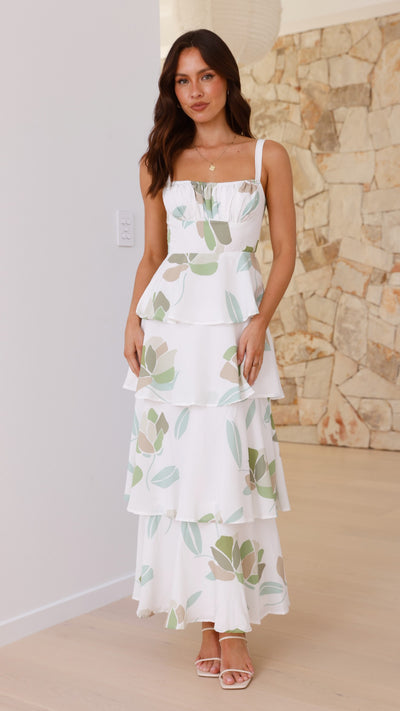 Load image into Gallery viewer, Odilia Maxi Dress - White/Green Floral - Billy J

