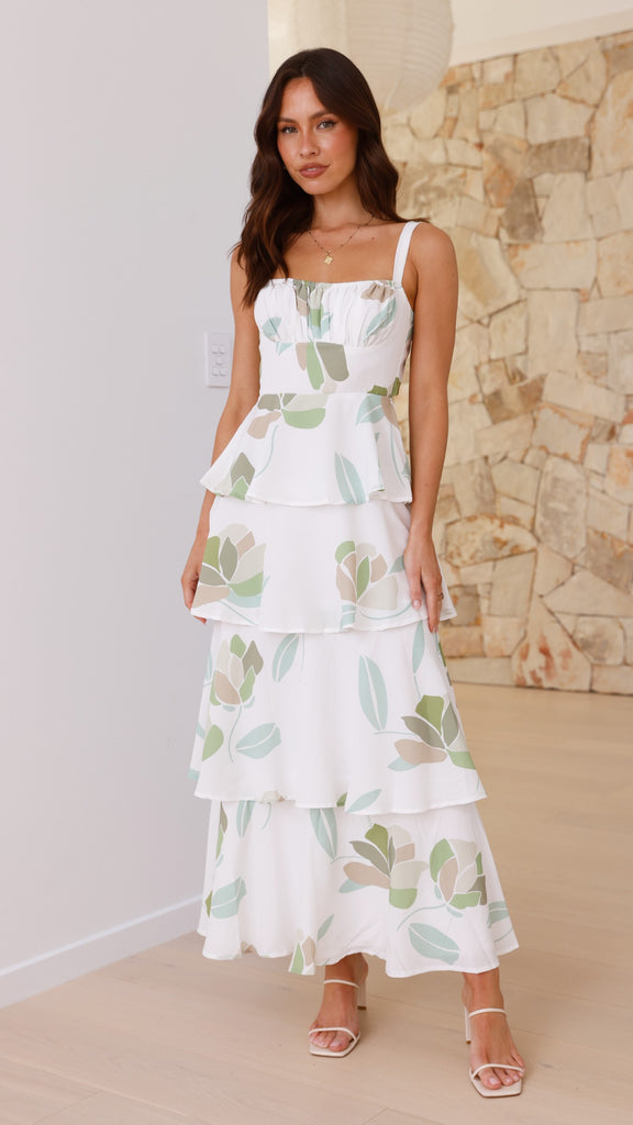 Odilia Maxi Dress - White/Green Floral - Billy J