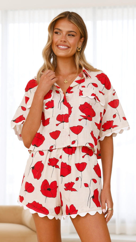 Poppy Button Up Shirt and Short Set - Red/Beige - Billy J