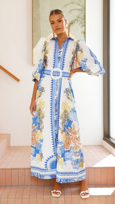 Load image into Gallery viewer, Arana Maxi Dress - Blue/White Print - Billy J
