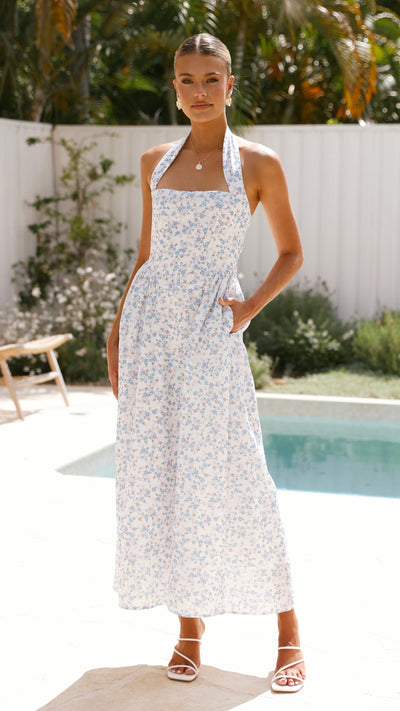 Load image into Gallery viewer, Salas Halter Maxi Dress - White / Blue Floral - Billy J
