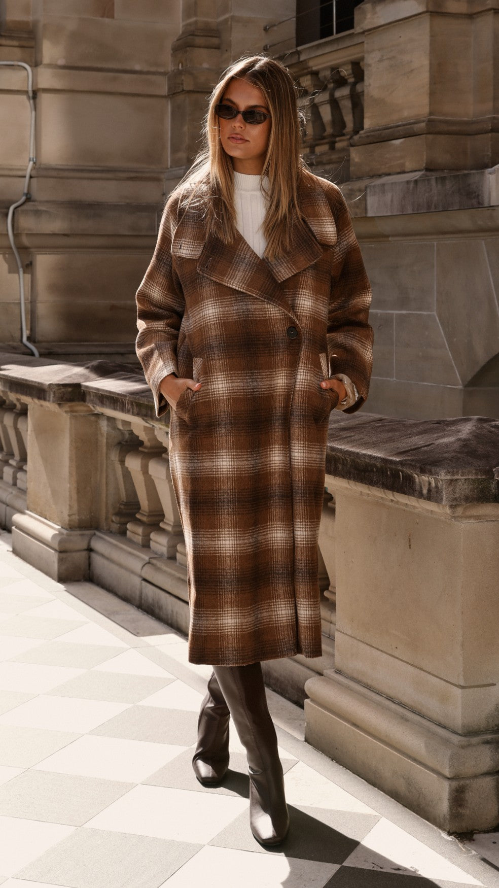 Haruna Coat - Brown / Beige Plaid Print - Billy J