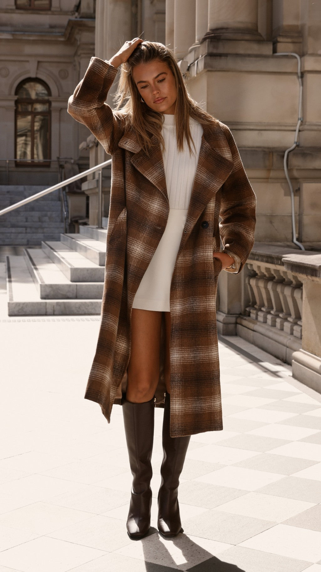 Haruna Coat - Brown / Beige Plaid Print - Billy J