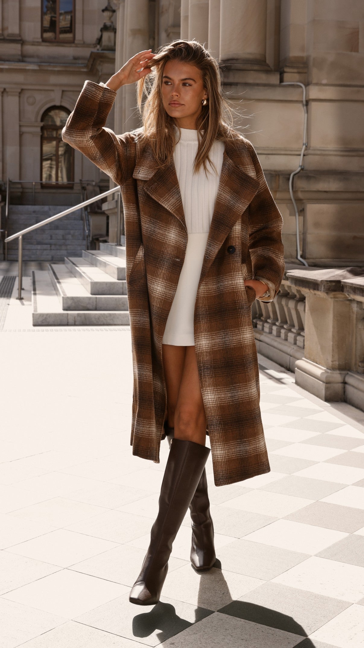 Haruna Coat - Brown / Beige Plaid Print - Billy J