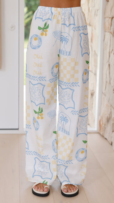 Load image into Gallery viewer, Aimie Pants - Blue / Yellow Holiday Print
