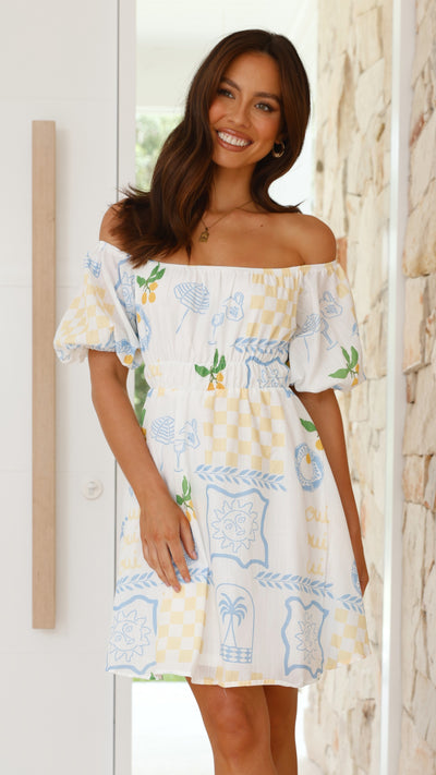 Load image into Gallery viewer, Marel Mini Dress - Blue / Yellow Holiday Print
