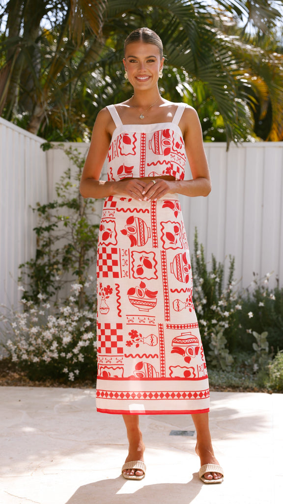 Sakiko Top and Midi Skirt Set - Red / White - Billy J