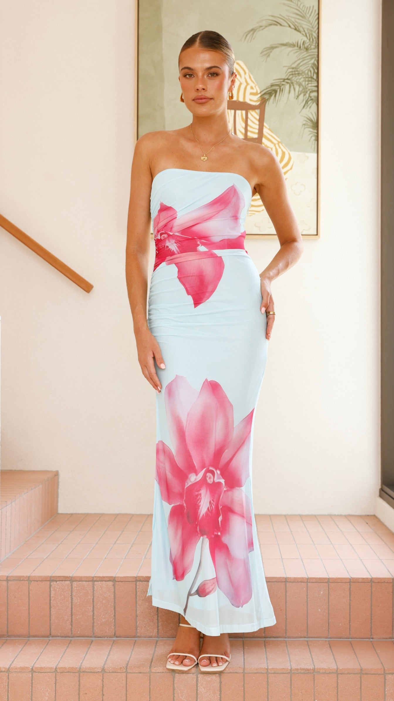 Brittani Strapless Maxi Dress - Blue/Pink - Billy J