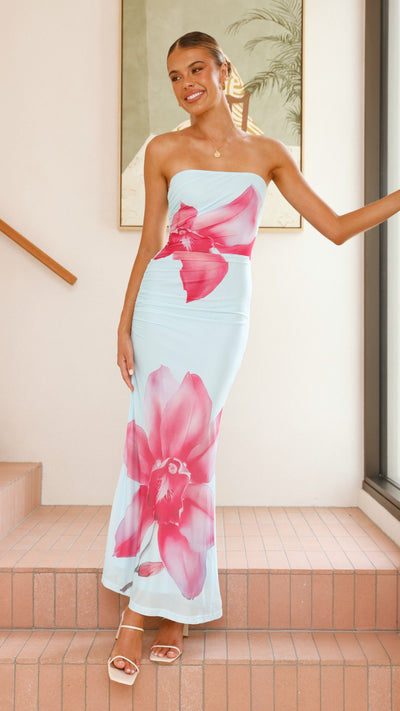 Load image into Gallery viewer, Brittani Strapless Maxi Dress - Blue/Pink - Billy J
