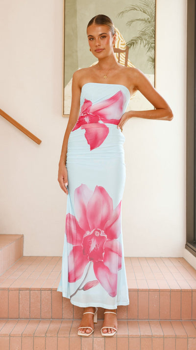 Load image into Gallery viewer, Brittani Strapless Maxi Dress - Blue/Pink - Billy J
