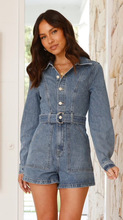 Load image into Gallery viewer, Lakeisha Long Sleeve Playsuit - Mid Blue Denim - Billy J
