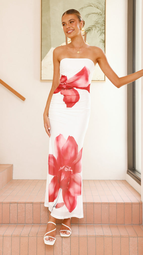 Brittani Strapless Maxi Dress - White/Red - Billy J